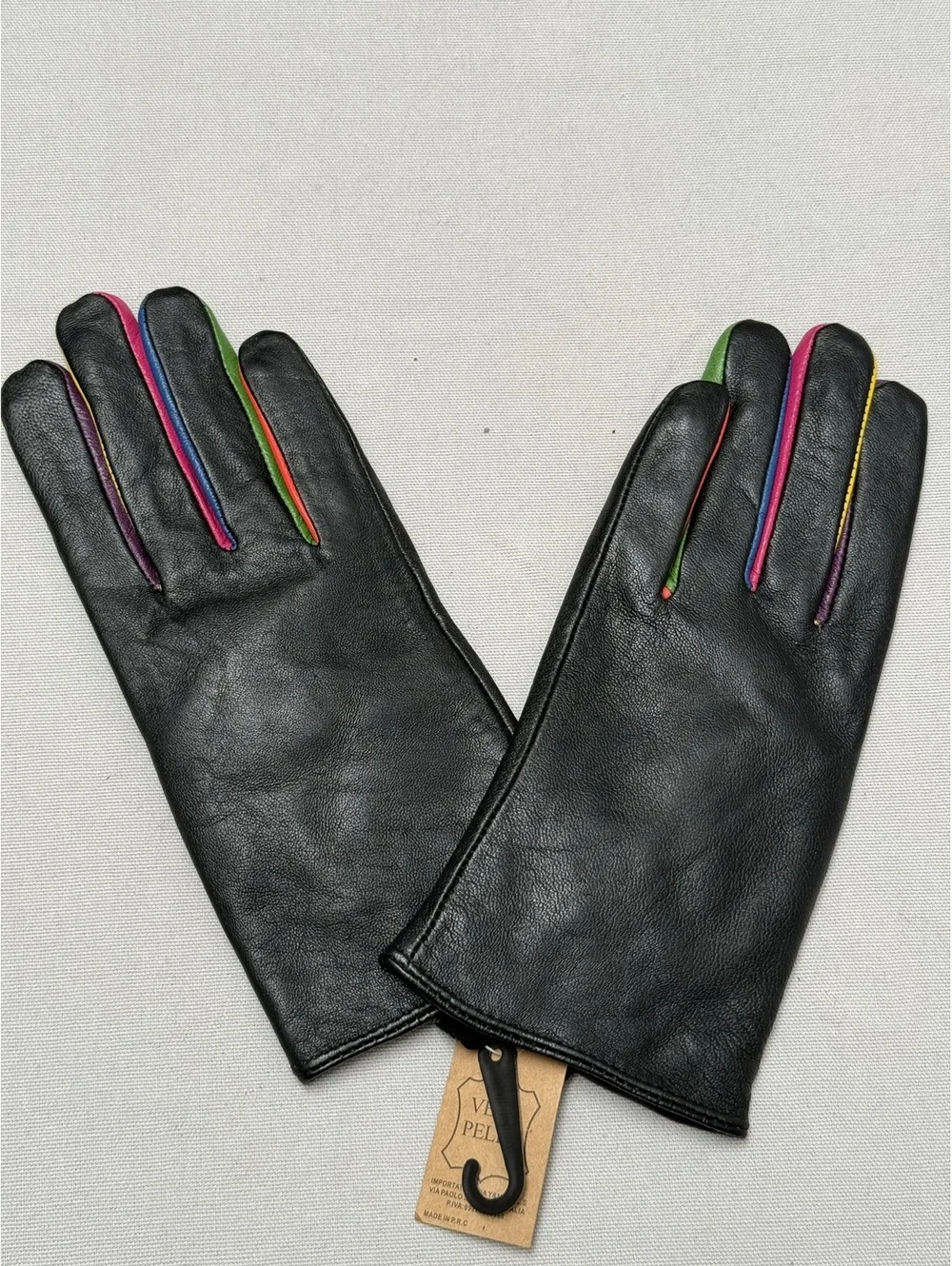 Vera Pelle Black Womens Leather Gloves Rainbow Fingers- XL